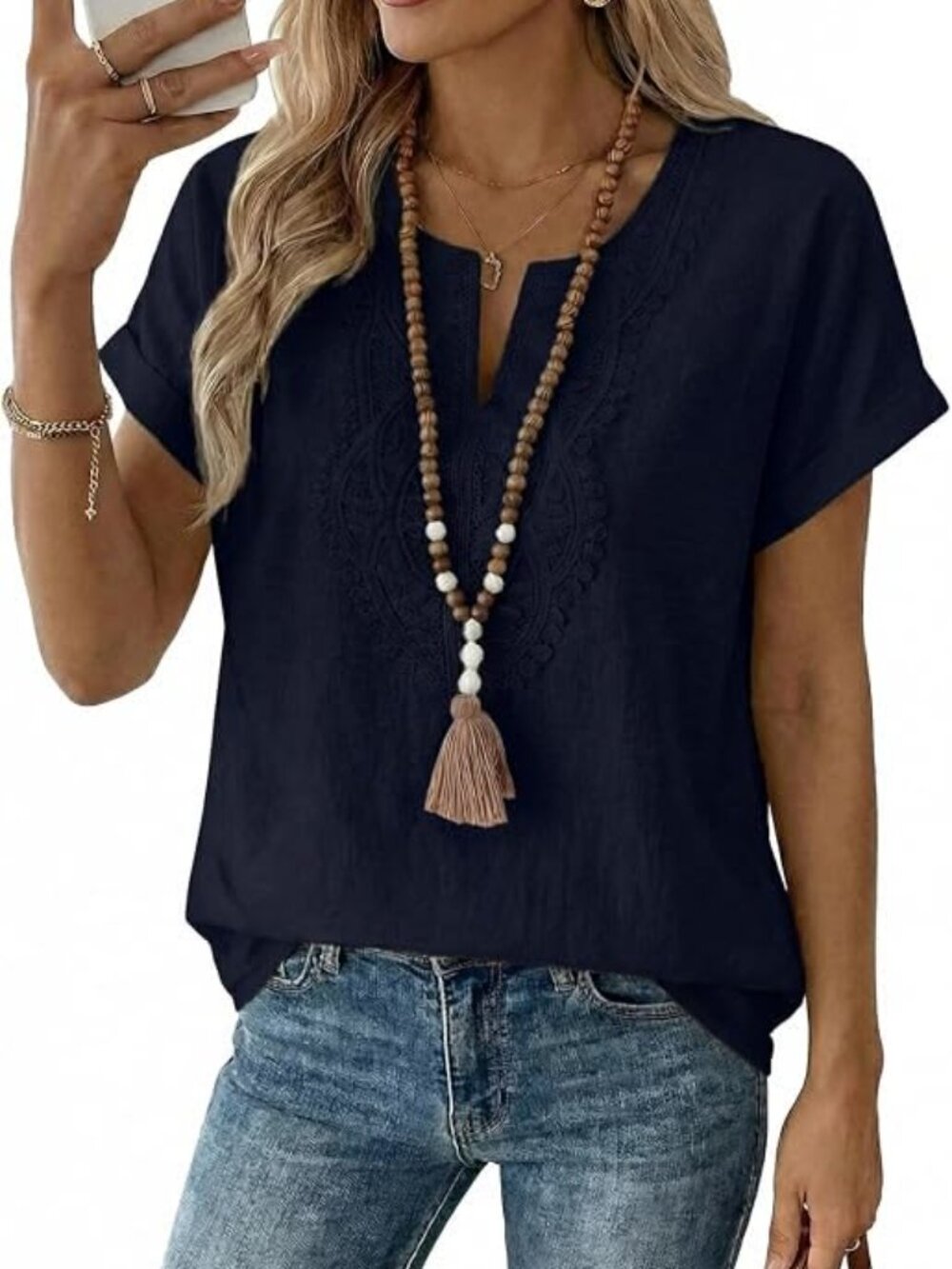 Evaless Women's Crochet Embroidered Cap Sleeve Boho Top Dark Navy 2X NEW
